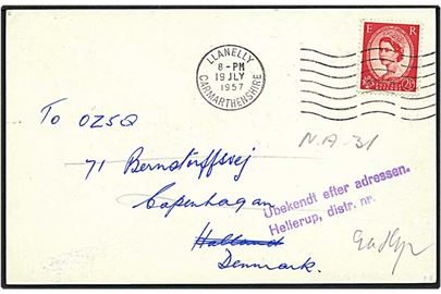2½ pence rød Dr. Elizabeth på brev fra Llanelly, England, d. 19.7.1957 til Hellerup. Ubekendt efter adressen.
