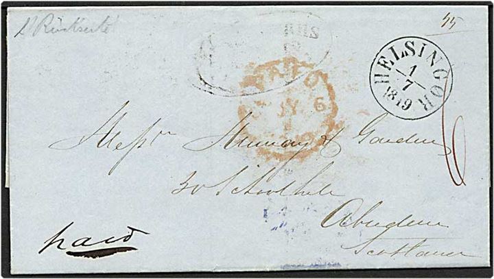 Præfil brev fra Helsingør d. 1.7.1849 til Aberdeen, Skotland. 