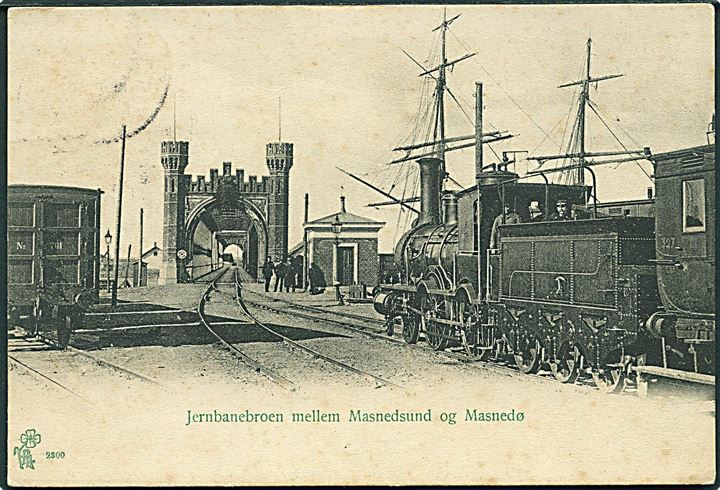 Masnedsund, lokomotiv ved jernbanebroen til Masnedø. P. Alstrup no. 2800. Kvalitet 7