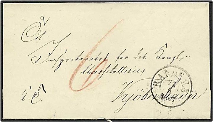 Ufrankeret brev fra Randers d. 22.6.1867 til København. Påskrevet 6 med rødkridt.