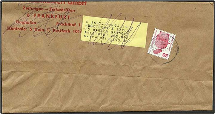 30 pfennig rød på korsbånd fra Frankfurt d. 28.1.1974 til England. Omadresseret, påsat 6 pence grøn og sendt til Odense.