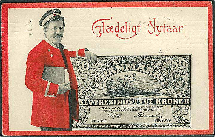 Penge/Post. Jul & Nytårskort. Stenders u/no.”Halvtreds kroner”.Rød kant. Kvalitet 7