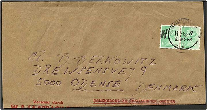 30 pfennig rød på korsbånd fra Frankfurt d. 28.1.1974 til England. Omadresseret, påsat 6 pence grøn og sendt til Odense.