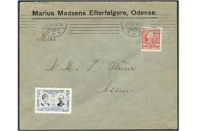 10 øre rød Fr. VIII på brev fra Odense d. 20.12.1907 til Assens. Mærket med perfin M25 - Marius Madsen.
