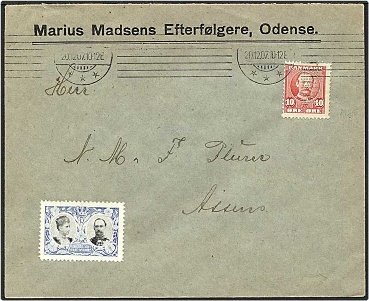 10 øre rød Fr. VIII på brev fra Odense d. 20.12.1907 til Assens. Mærket med perfin M25 - Marius Madsen.