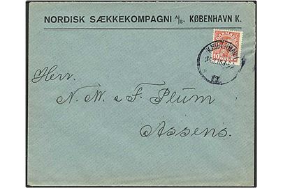 10 øre rød Chr. X på brev fra København d. 14.3.1916 til Assens. Mærket med perfin N47 - Nordisk Sækkekompagni.