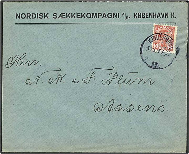 10 øre rød Chr. X på brev fra København d. 14.3.1916 til Assens. Mærket med perfin N47 - Nordisk Sækkekompagni.