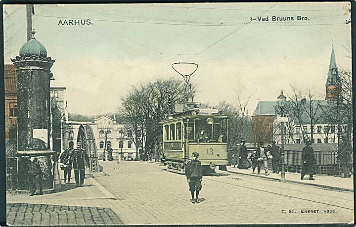 Aarhus, Bruuns Bro med sporvogn nr. 13. Stenders no. 4053. Kvalitet 8