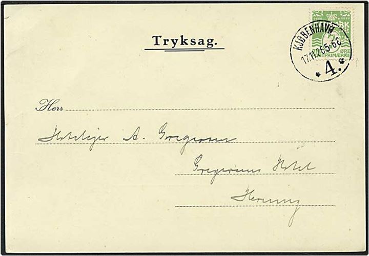 7 øre lysegrøn bølgelinie på kort fra København d. 17.11.1926 til Herning. Mærket med perfin W14 - W. Petersen.