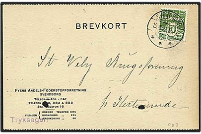10 øre grøn bølgelinie på kort fra Svendborg d. 15.4.1922 til Kerteminde. Mærket med perfin F03 - Fyns Andels-Foderstofforretning.