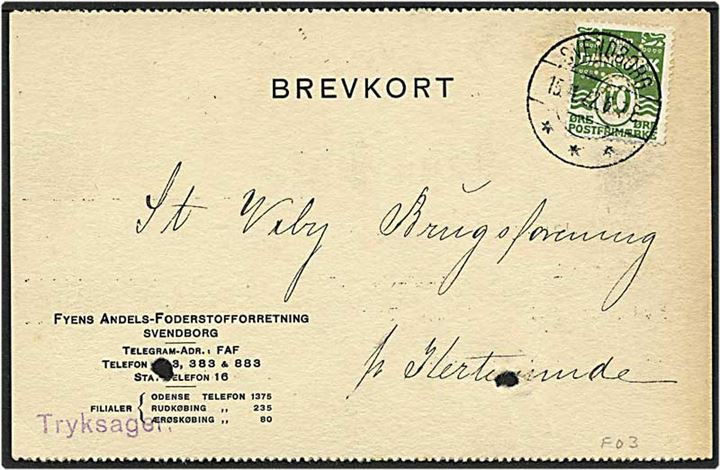 10 øre grøn bølgelinie på kort fra Svendborg d. 15.4.1922 til Kerteminde. Mærket med perfin F03 - Fyns Andels-Foderstofforretning.