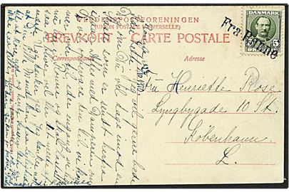 5 øre grøn Fr. VIII på postkort fra Rønne d. 22.10.1910 til København. Fra Rønne skibsstempel.