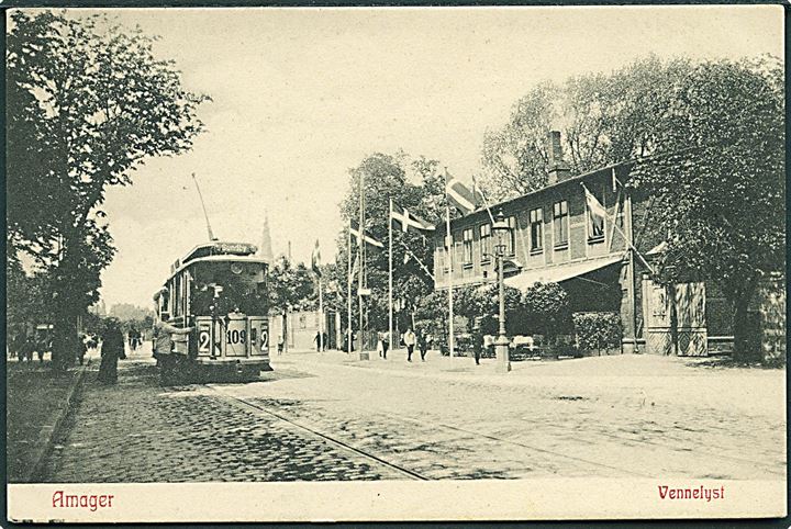 Købh., Amager med Vennelyst og sporvogn linie 2 vogn nr. 109. A. Vincent no. 323. Kvalitet 8