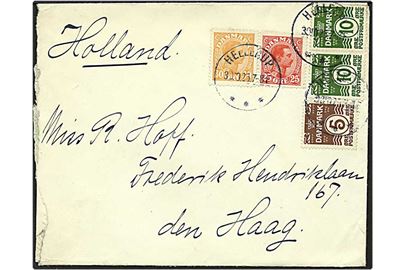 5 øre brun og 10 øre grøn bølgelinie samt 25 øre rød og 30 øre orange Chr. X på brev fra Hellerup d. 30.10.1925 til den Haag, Holland.