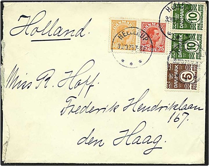 5 øre brun og 10 øre grøn bølgelinie samt 25 øre rød og 30 øre orange Chr. X på brev fra Hellerup d. 30.10.1925 til den Haag, Holland.