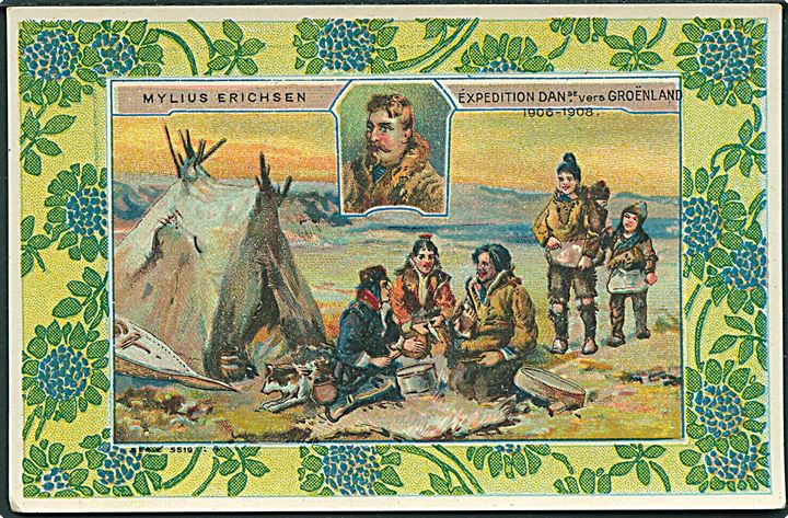 Grønland, Reklame/Samlerkort. Mylius Erichsen ekspedition 1906-08. A. Senecaut u/no. Kvalitet 9