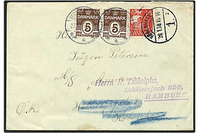 5 øre brun bølgelinie og 15 øre rød karavel på brev fra Vester Sottrup d. 27.1.1930 til Hamburg via København.