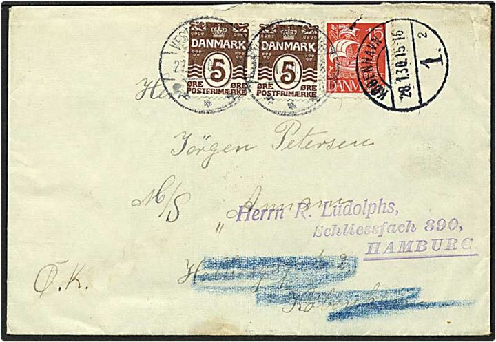 5 øre brun bølgelinie og 15 øre rød karavel på brev fra Vester Sottrup d. 27.1.1930 til Hamburg via København.