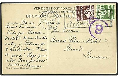 5 øre brun og 10 øre grøn bølgelinie på postkort fra København d. 6.6.1930 til London, England. Stempel med nr. 6.