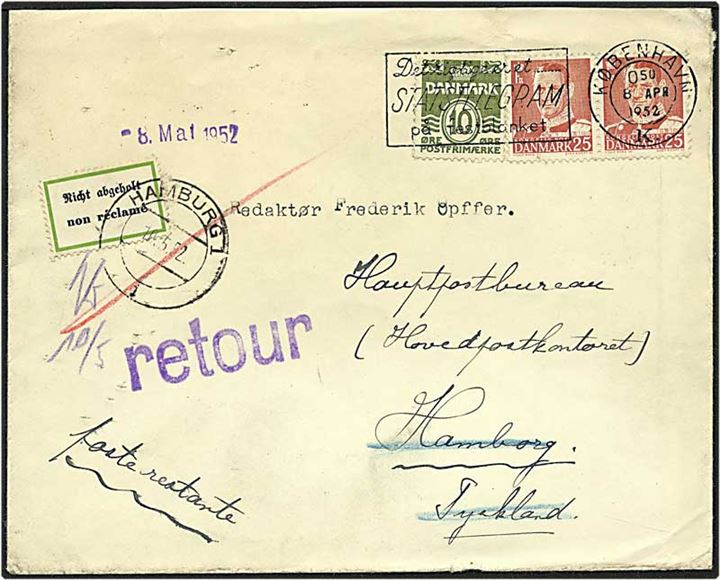 10 øre grøn bølgelinie og 25 øre rød Fr. IX på brev fra København d. 8.4.1952 til hamburg. Brevet ikke afhentet og returneret.