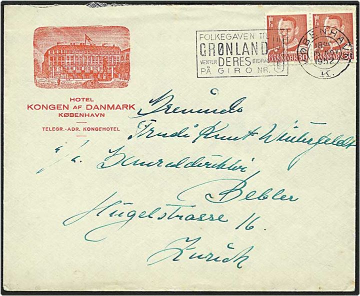 30 øre rød Fr. IX på brev fra København d. 16.11.1952 til Zurich, Schweiz.