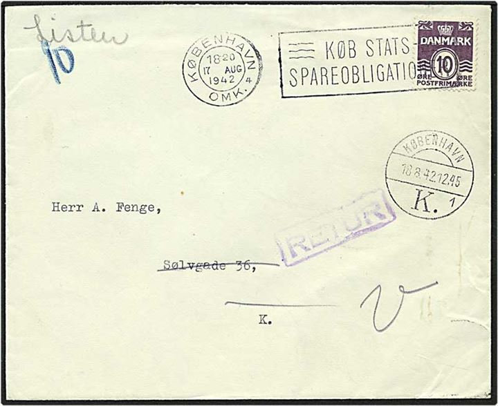 10 øre violet bølgelinie på lokalt sendt brev fra København d. 17.8.1942. Ubekendt efter adresse og returneret.