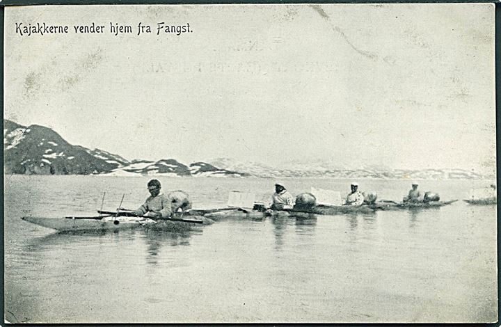 Grønland, Kajakkerne vender hjem fra fangst. Pacht & Cromes u/no. Kvalitet 7