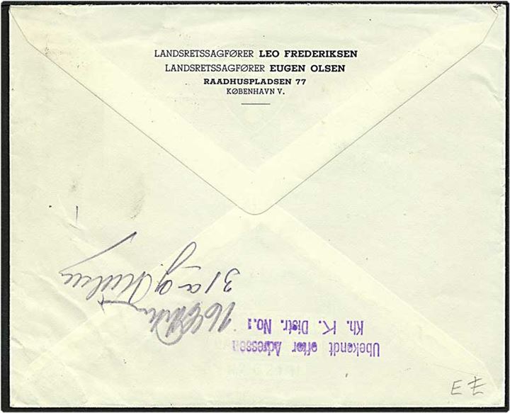 10 øre violet bølgelinie på lokalt sendt brev fra København d. 17.8.1942. Ubekendt efter adresse og returneret.