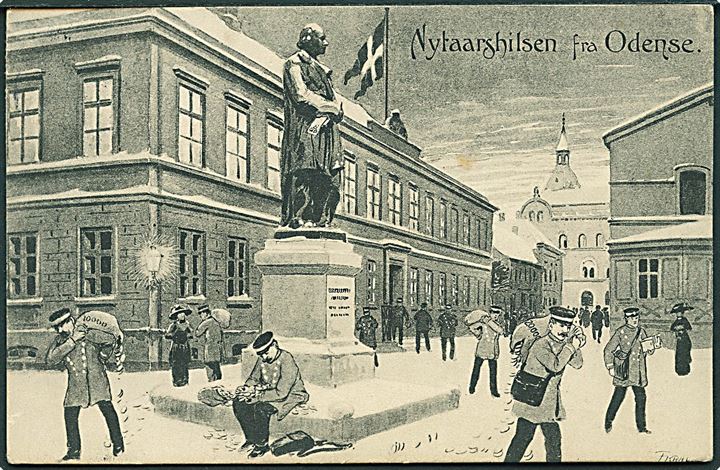 Odense, Posthus med postbude, nytårshilsen fra. Stenders no. 23872. Tegnet af F. Kraul. Kvalitet 8