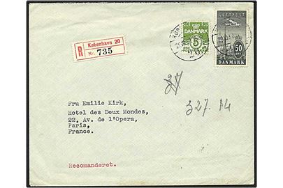 5 øre grøn bølgelinie og 50 øre grå ny luftpost på Rec. brev fra København d. 29.10.1938 til Paris, Frankrig.