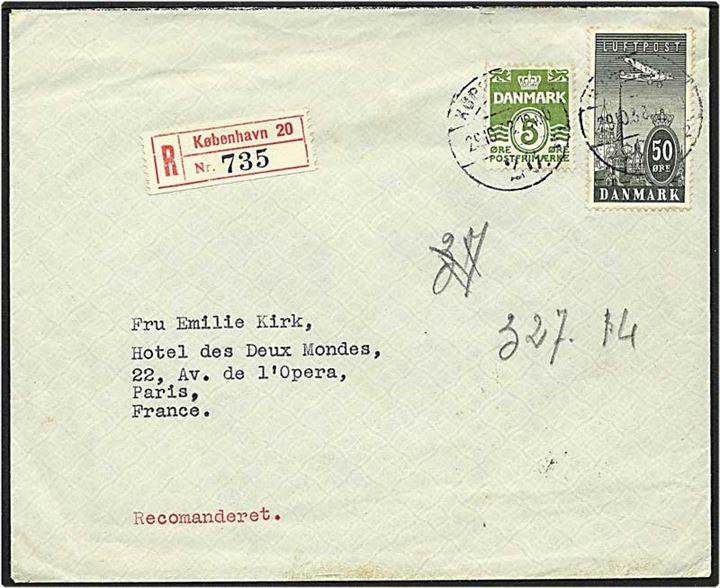 5 øre grøn bølgelinie og 50 øre grå ny luftpost på Rec. brev fra København d. 29.10.1938 til Paris, Frankrig.