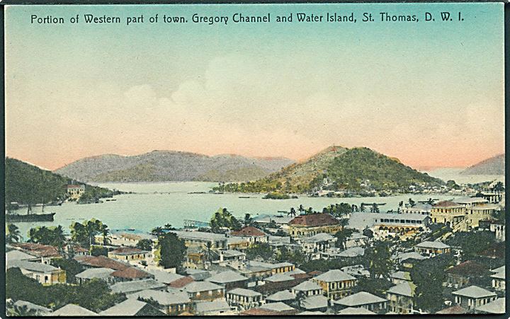 D.V.I., St. Thomas, udsigt over byen, Gregory Channel og Water Island. Lightbourn’s copyright Series u/no. Kvalitet 9