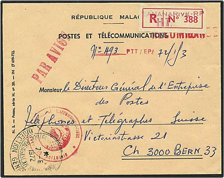 Portofrit indberetting til Verdens Postunion fra Tananarive, Madsgaskar, d. 7.6.1972 til Bern.