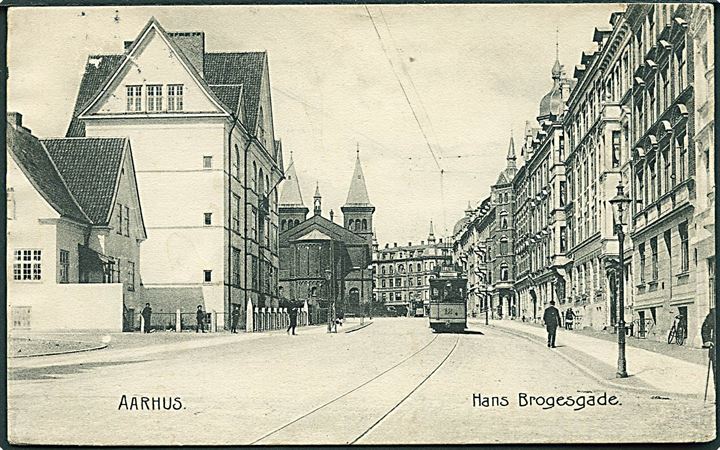 Aarhus, Hans Brogesgade med sporvogn nr. 12. Stenders no. 5650. Kvalitet 7