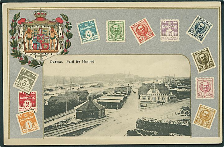 Odense, frimærkekort med havnen. M.K. u/no. Kvalitet 9