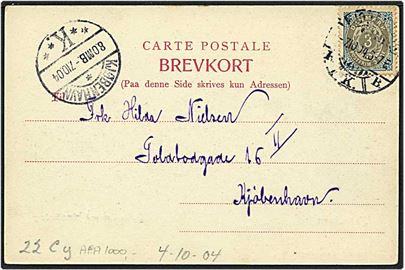 3 øre tofarvet med omvendt ramme (AFA 1000,-) på lokalt sendt postkort fra København d. 7.10.1904.