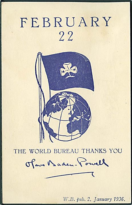 Spejder. Baden Powell takkekort. W.B. u/no. Kvalitet 8