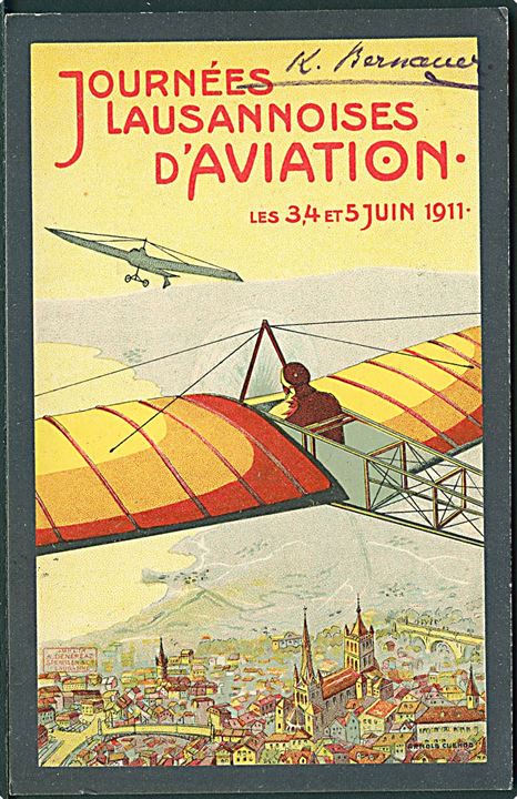 Fly. Lausanne Flyverdage 3.-5. Juni 1911. Officielt kort no. 1 med lodseddel.  Kvalitet 8