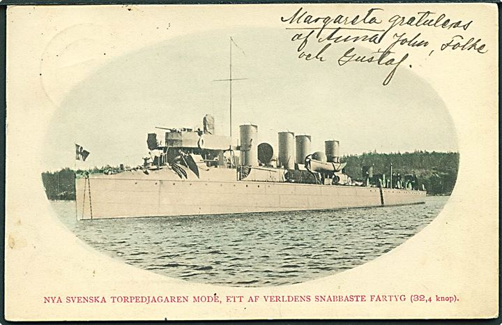 Svensk, HMS “Mode”. Torpedojader, en af verdens hurtigste fartøjer (32,4 knob). U/No. Kvalitet 8