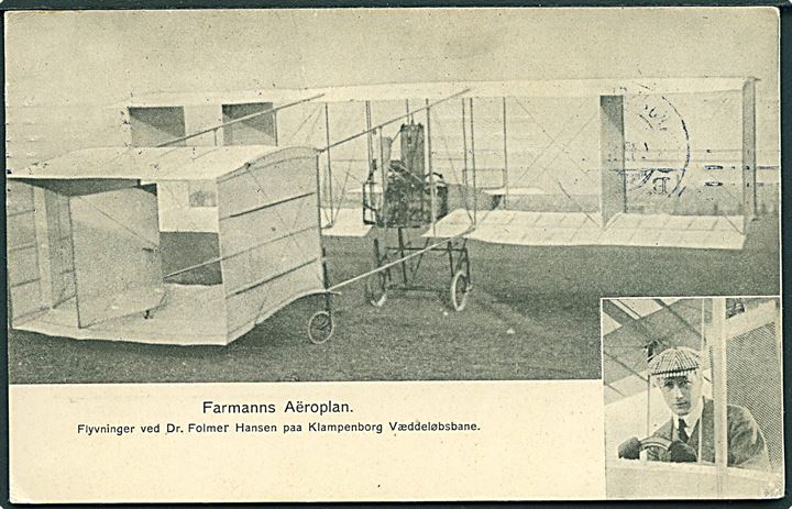 Fly. Dr. Folmer Hansen og hans Farmann maskine på Klampenborg Vædeløbsbane. Stenders u/no. Kvalitet 8