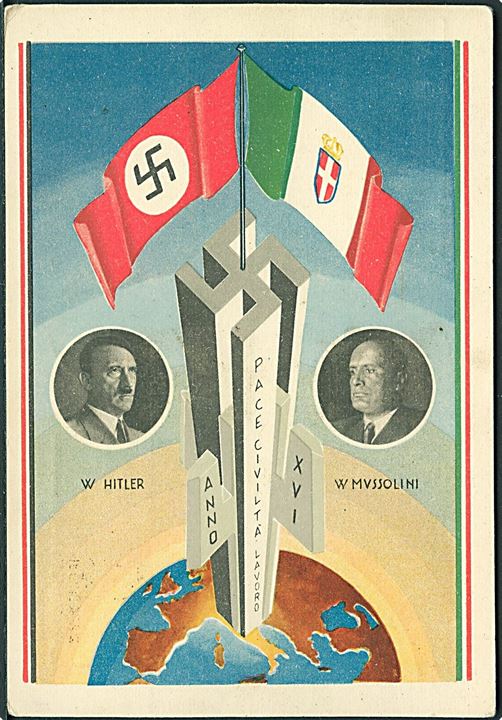 Verdenskrig 2. Hitler og Mussolini møde 3.-.9. maj 1938. Italiensk frankeret med særstempel.  Kvalitet 7