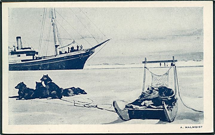 “Hans Egede” og slædehunde. Foto A. Malmquist. Eagle Post Card View Co. U/no. Anvendt i Julianehaab 1944. Kvalitet 8