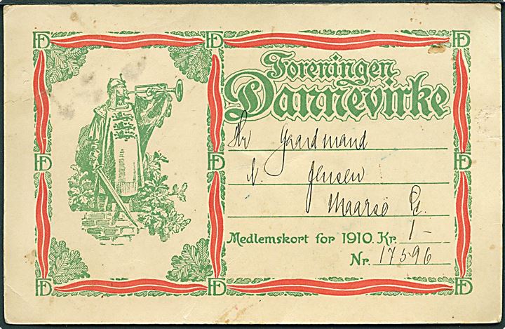 Militær. Foreningen Dannevirke. Medlemskort for 1910. På bagsiden uddrag af foreningens love.  Kvalitet 7