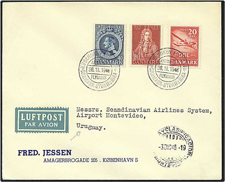 80 øres porto på luftpost brev fra København d. 30.11.1946 til Montevideo, Uruguay.