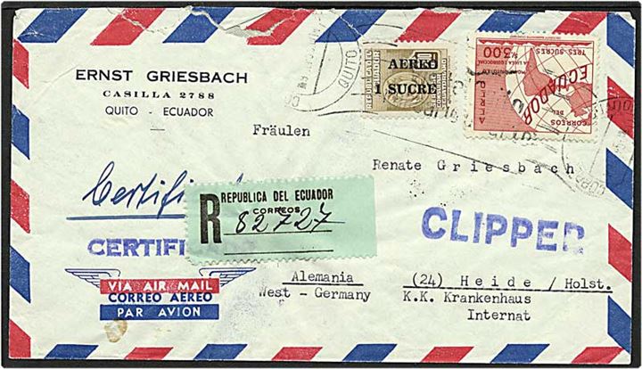 Rec. luftpost brev fra Quito, Ecuador, 1953 til Heide, Tyskland.