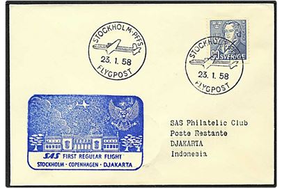 90 øre blå på luftpost brev fra Stockholm, Sverige, d. 23.1.1958 til Djakarta, Indonesien.