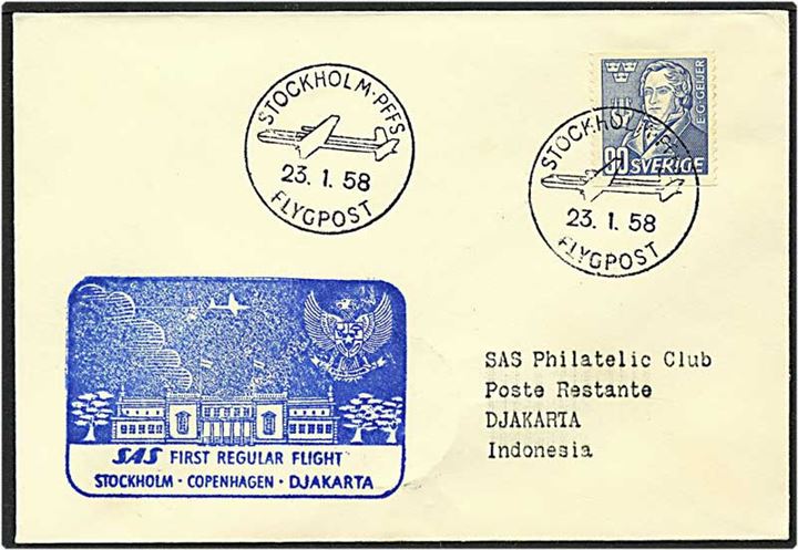 90 øre blå på luftpost brev fra Stockholm, Sverige, d. 23.1.1958 til Djakarta, Indonesien.