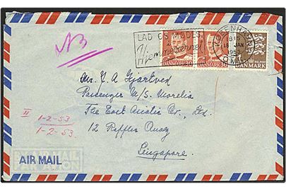 30 øre rød Fr. IX og 1 kr. brun rigsvåben på luftpost brev fra København d. 18.1.1953 til Singapore.