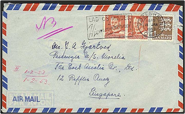 30 øre rød Fr. IX og 1 kr. brun rigsvåben på luftpost brev fra København d. 18.1.1953 til Singapore.