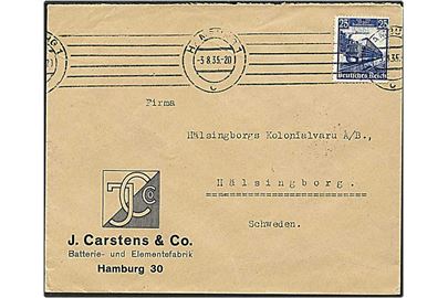 25 pfennig blå på brev fra Hamburg, Tyskland, d. 3.8.1935 til Helsingborg, Sverige.